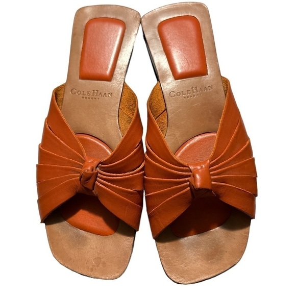 Cole Haan Orange Square Toe Leather Knot Slides  Open Toe 3/4” Heel Narrow 7.5AA - Picture 1 of 12